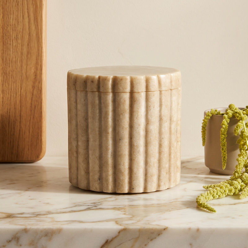 Beige Marble Canister with Grooving, 4" H x 4" W x 4" D, Brown