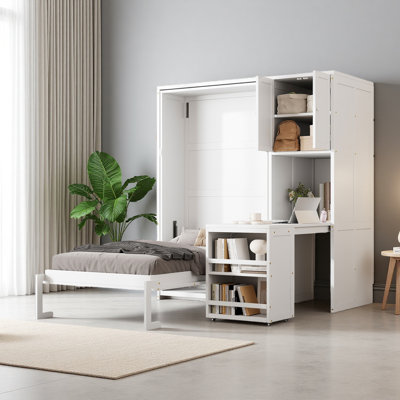 Lit escamotable mural simple avec bibliothèque, armoire supérieure, bureau extensible et rangement latéral
