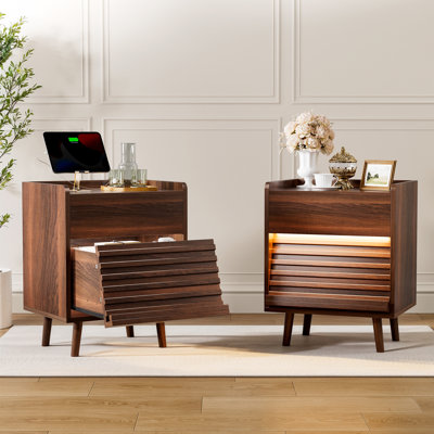 Modern Nightstand With 2 Drawers,Bedside Table With Outlets & LED Lights, File Cabinet With Slanted & Wavy Design