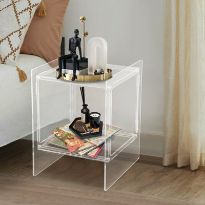Table de chevet 2 niveaux en acrylique avec tablette de rangement ouverte
