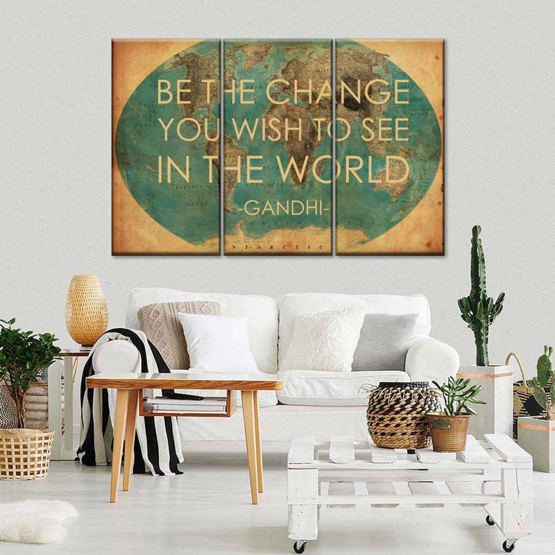 " Be The Change World Map Multi Piece Canvas Print " by Tess P 3 - Pieces, 24" H x 38" W