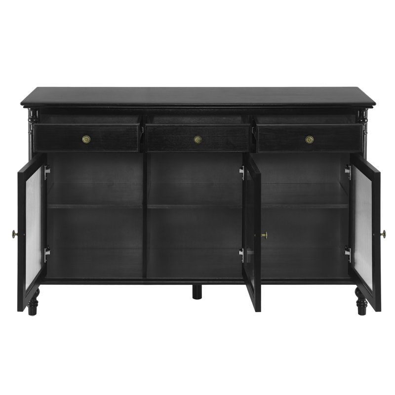 Buffet Ulden Buffet rétro 54 pouces avec 3 tiroirs, portes en verre cannelé et tablettes réglables, Noir