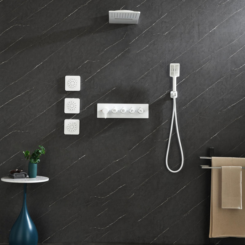 Wall Mounted Waterfall Shower System with Bodysprays, White