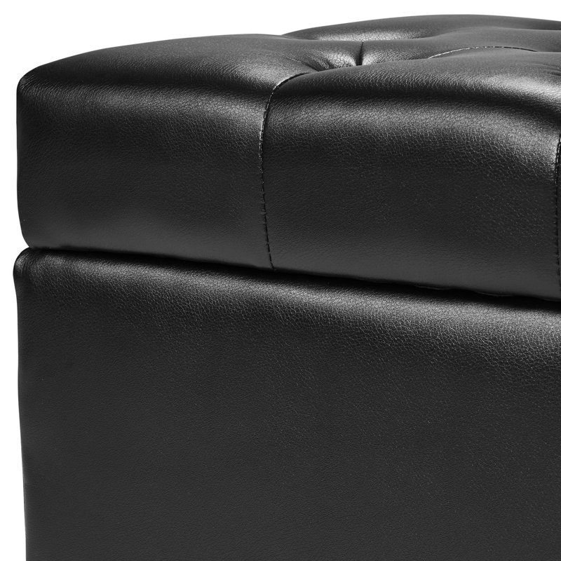 Button-Tufted Storage Ottoman Bench PU Leather Bench With Wood Legs Black