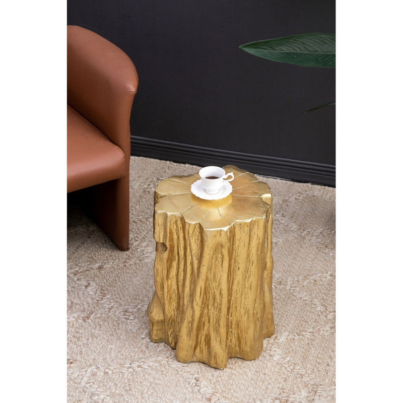 Table d'appoint unique en forme de tronc d'arbre doré 13,5 x 13 x 20 po, or antique patiné