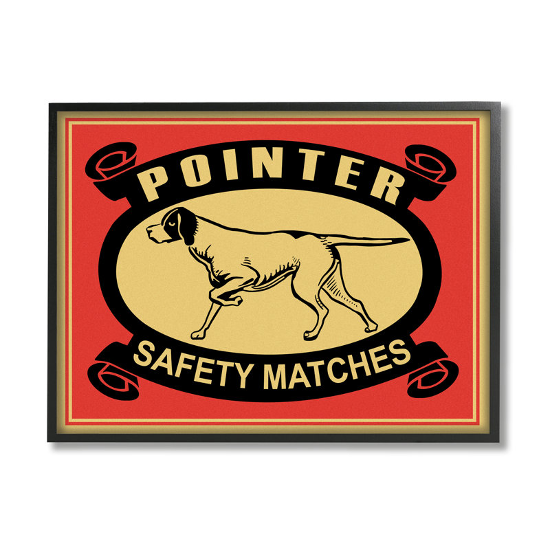 «Pointer Dog Safety Matches», affiche vintage rouge et jaune, H 24 po x l 30 po, Giclée encadrée noir minuit