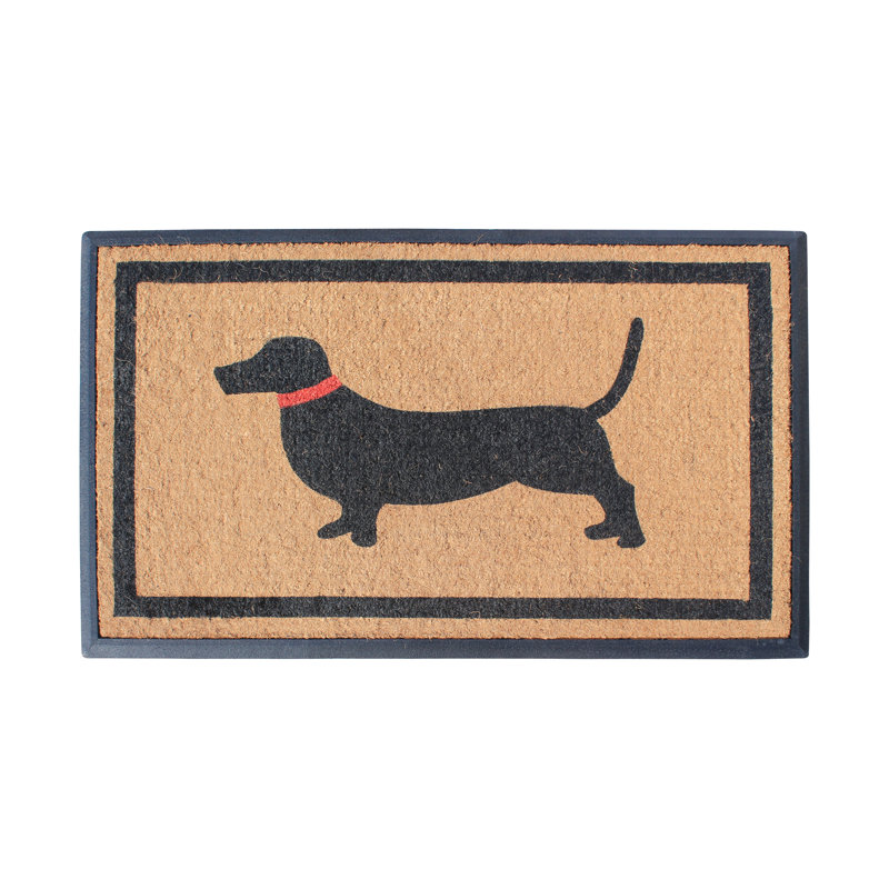 Large Black and Beige Coir Outdoor Doormat with Dog Design