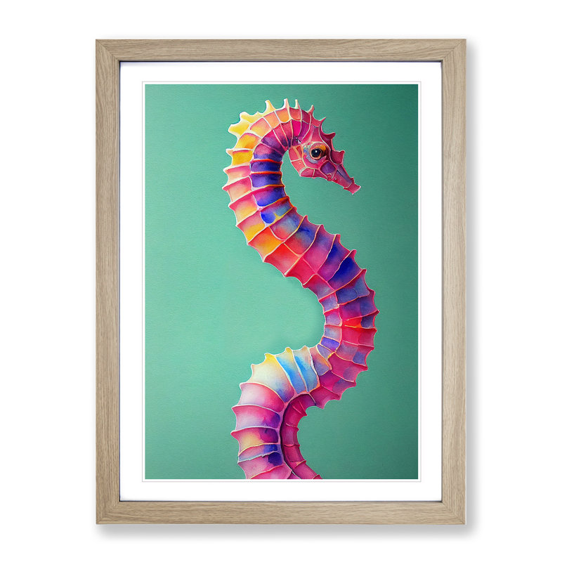 Seahorse In Colour No.3 - Single Picture Frame Painting, 64cm H x 46cm W x 2cm D, Oak Framed