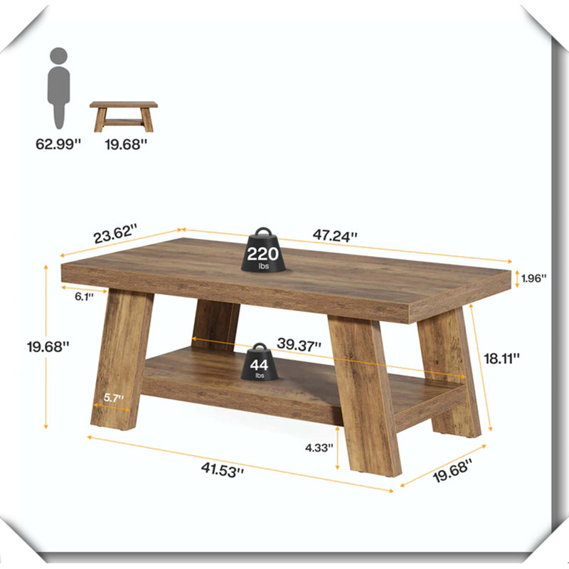 Table basse rustique robuste à deux niveaux