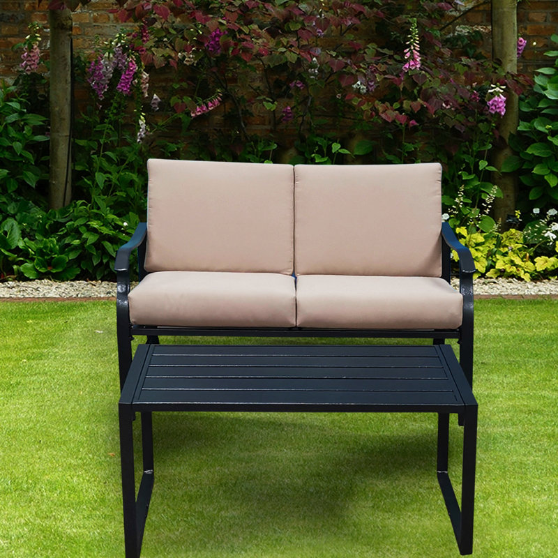 Ensemble de causeuse et table d'extérieur 2 pièces avec coussins, mobilier de patio moderne en métal