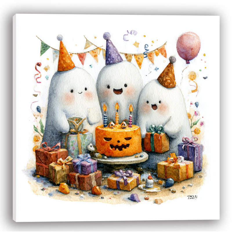 Ghostly Gift Gathering Wrapped Canvas Wall Art