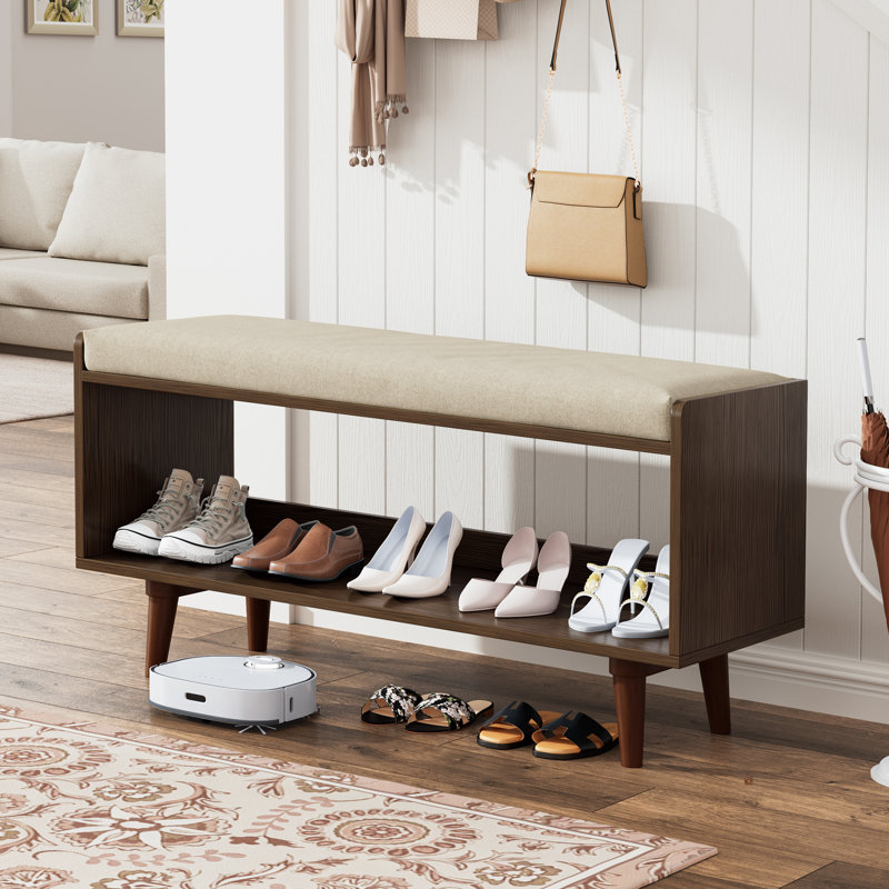 Linen Upholstered Storage Bench With Solid Wood Leg, Brown