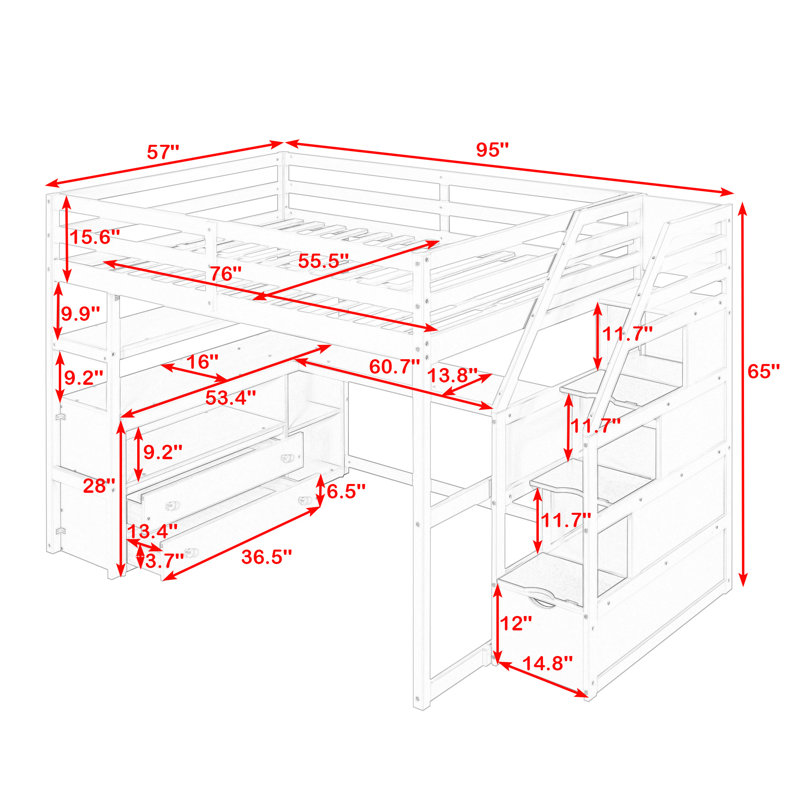 Kids Loft Bed with Drawers, Full, Gray