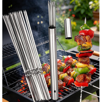 24 PCS 304 Stainless Steel Flat BBQ Skewers, 13.7 Inch Long Reusable Kebab Grilling Sticks for Meat Shrimp Chicken Vegetables, with Portable Metal Storage Tube