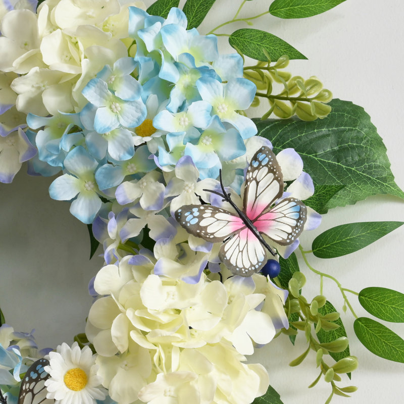  Couronnes de printemps pour la porte d'entrée avec lumières, hortensias en soie et fleurs d'eucalyptus papillon pour la maison