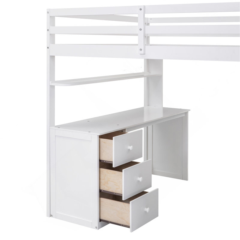Full Size Loft Bed With Drawers,Desk,And Wardrobe, White