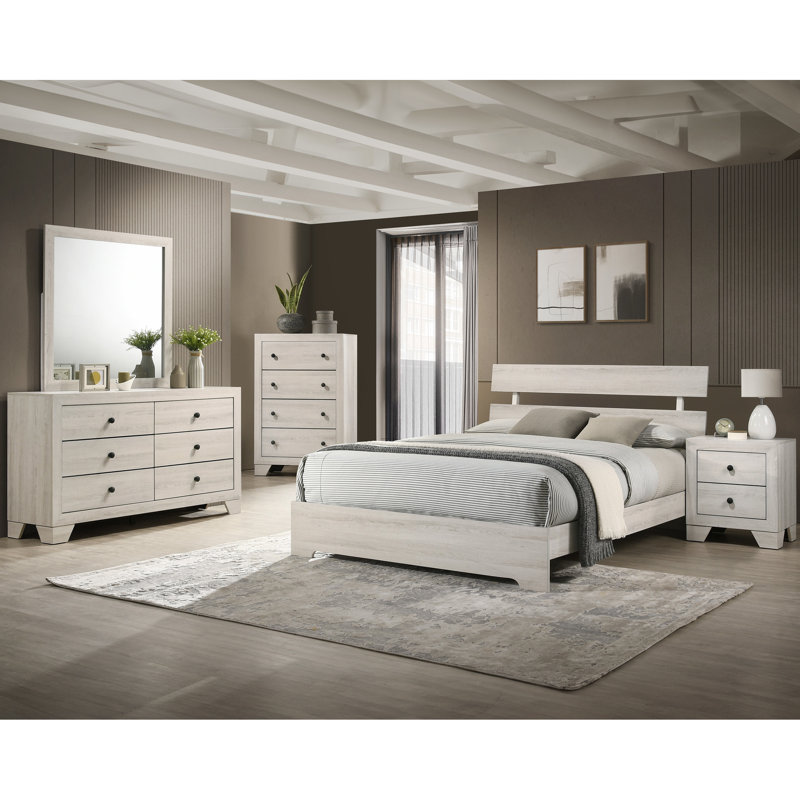 Très grand lit rustique blanc délavé pour chambre à coucher contemporaine, structure à profil bas, meuble à une boîte, structure en bois avec finition délavée, pièce de chambre dans une boîte, matériau