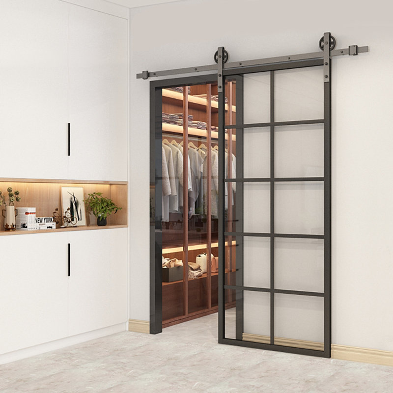 36" x 84" Clear Tempered Glass Sliding Barn Door with Black Aluminum Frame
