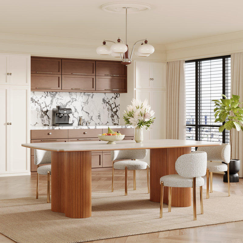78.7" Stone Kitchen Dining Table for 8 with Solid Wood Legs, Travertine Slab Top, Semi-Circular Stripe Base