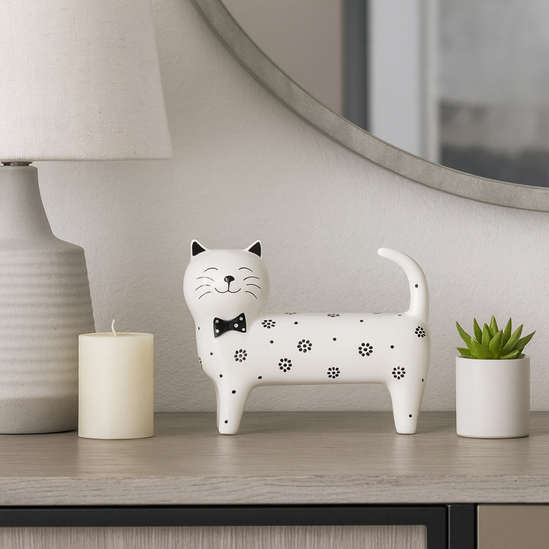 Decorative Ceramic Cat Sculpture Figurine with Bowtie for Home Decor - Unique Object Statue for Table, or Living Room Decoration