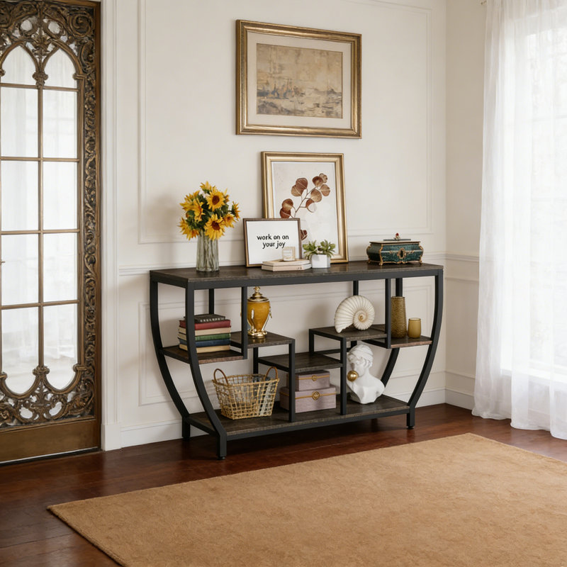 Console industrielle 70,9 "à 7 niveaux, canapé étroit avec structure en métal pour le hall d'entrée et le salon, Noir, Noir