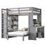 Lit superposé double très grand / double avec bureau, structure en bois massif, tablettes intégrées et garde-robe, lit inférieur amovible, gris-1758747957-1758747962