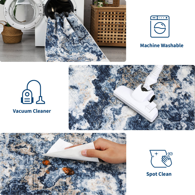 Machine Washable Modern Abstract Rug Non Slip Non Shedding Rug Soft Contemporary Throw Floor Cover  Low Pile Foldable Indoor Carpet for Living Room Dining Room Bedroom Playroom Nursery