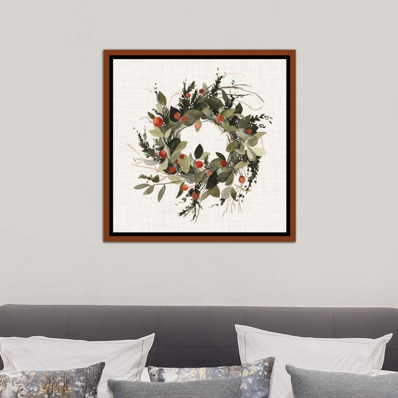 «Farmhouse Wreath II», reproduction d'art, H 26 po x l 26 po x P 1,5 po, Cadre bois classique