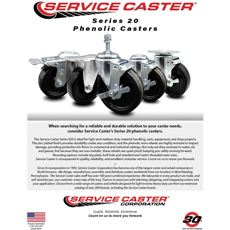 Phenolic Swivel Caster with Brake and Zinc Finish, 6" Wheel