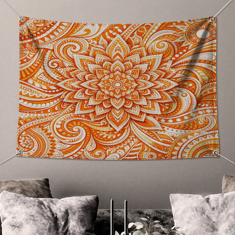 Tapisserie murale mandala orange à motif cachemire - Mandala, 104in H x88 with 4 Grommets