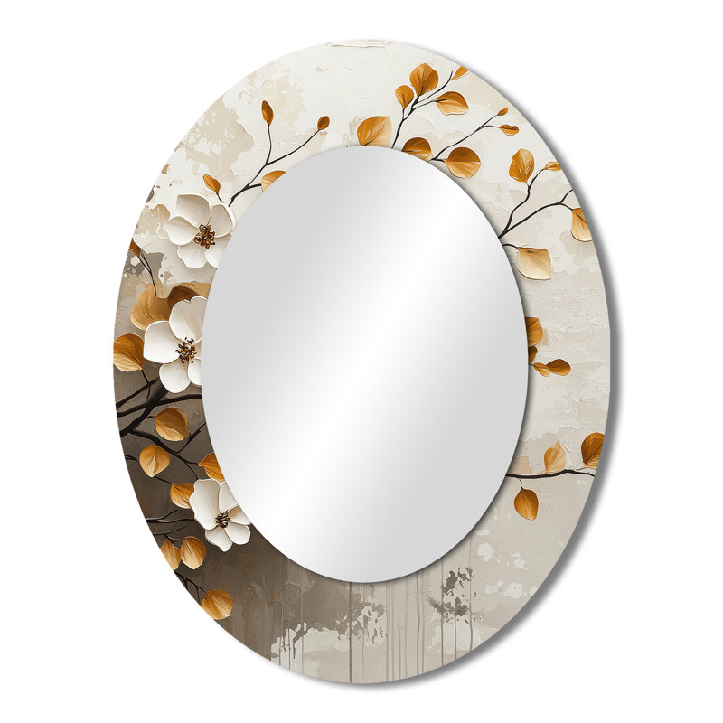 White Gold Botanical Cherry Blossom Trees - Large Oval Wall Mirror On Metal, 43" x 33"