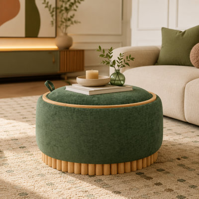 Repose-pieds de rangement rond 29 po avec pieds en bois massif, table basse moderne avec couvercle réversible, structure en bois, tissu chenille