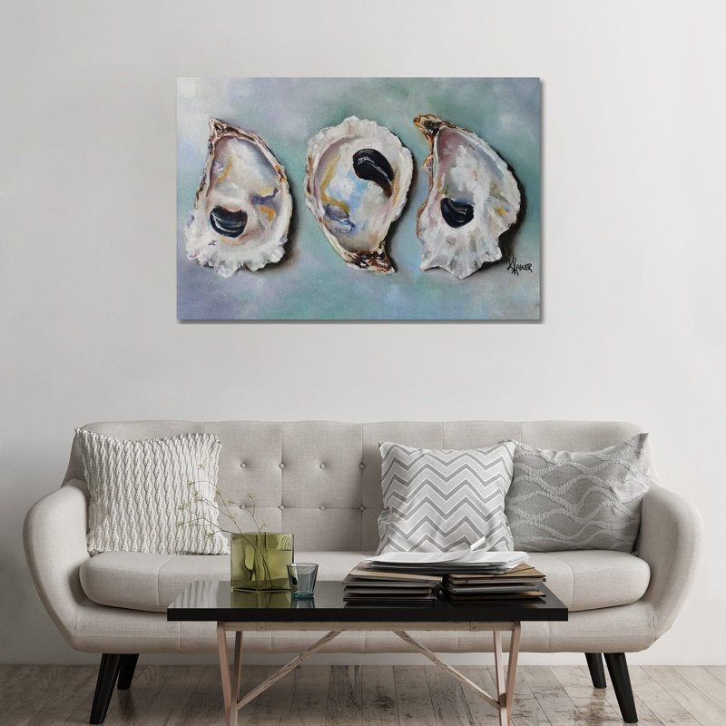 " Bay Oyster Shells " by Kristine Kainer, 26" H x 40" W x 1.5" D, Wrapped Canvas, No Frame