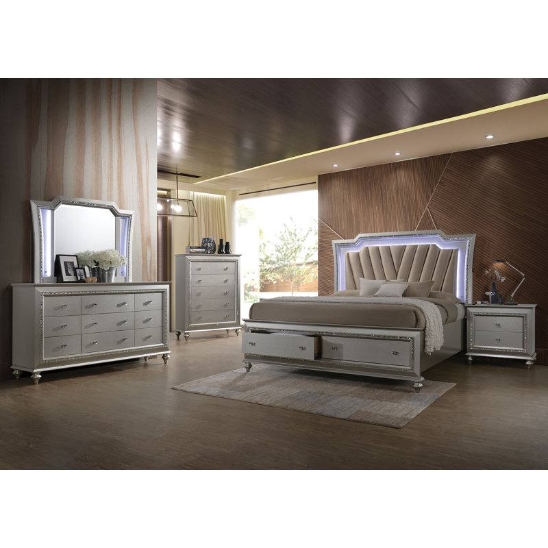 Queen Champagne Upholstered Storage Bed with LED Headboard