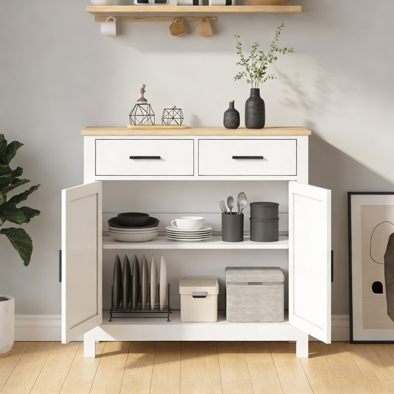 White Modern Farmhouse Kitchen Storage Cabinet, Coffee Bar Buffet With 2 Drawers & 2 Doors For Living Dining Bathroom