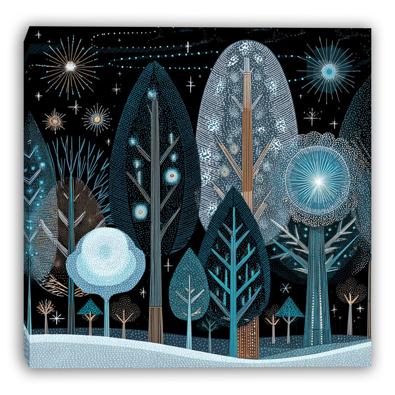 «Night Sky Winter Fireworks Forest», art mural sur toile tendue, H 20 po x l 20 po