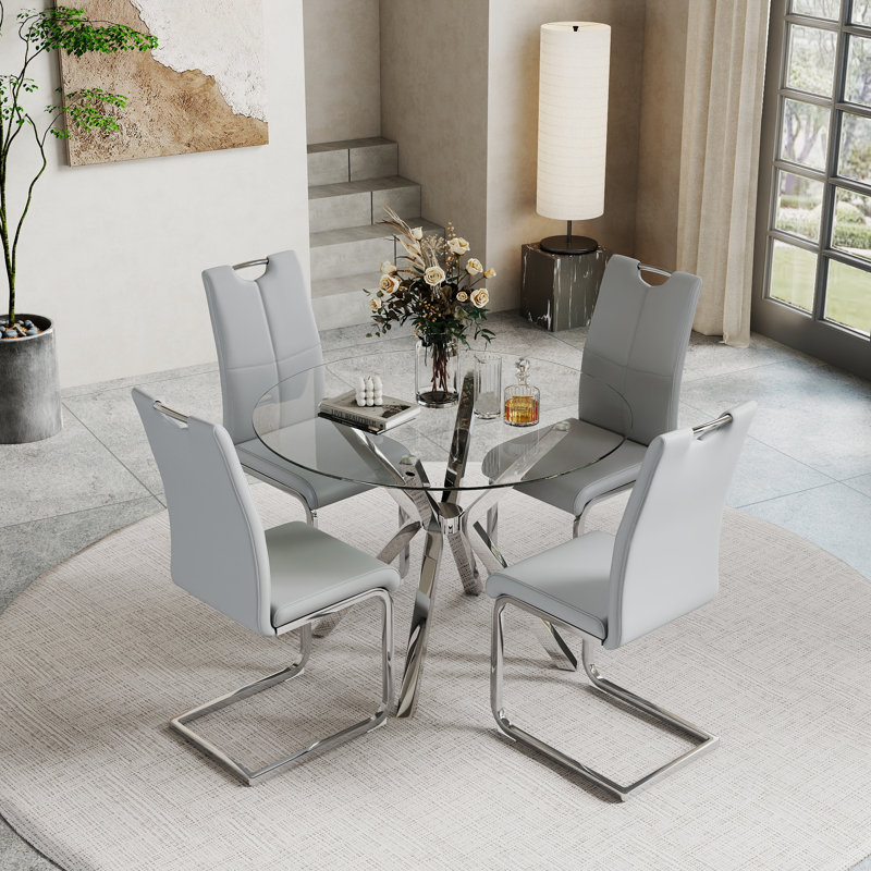 35.4" Modern Tempered Glass & Metal Dining Table Set For 2-4, PU Leather Upholstered Armless Chairs, Easy Clean & Luxury Look