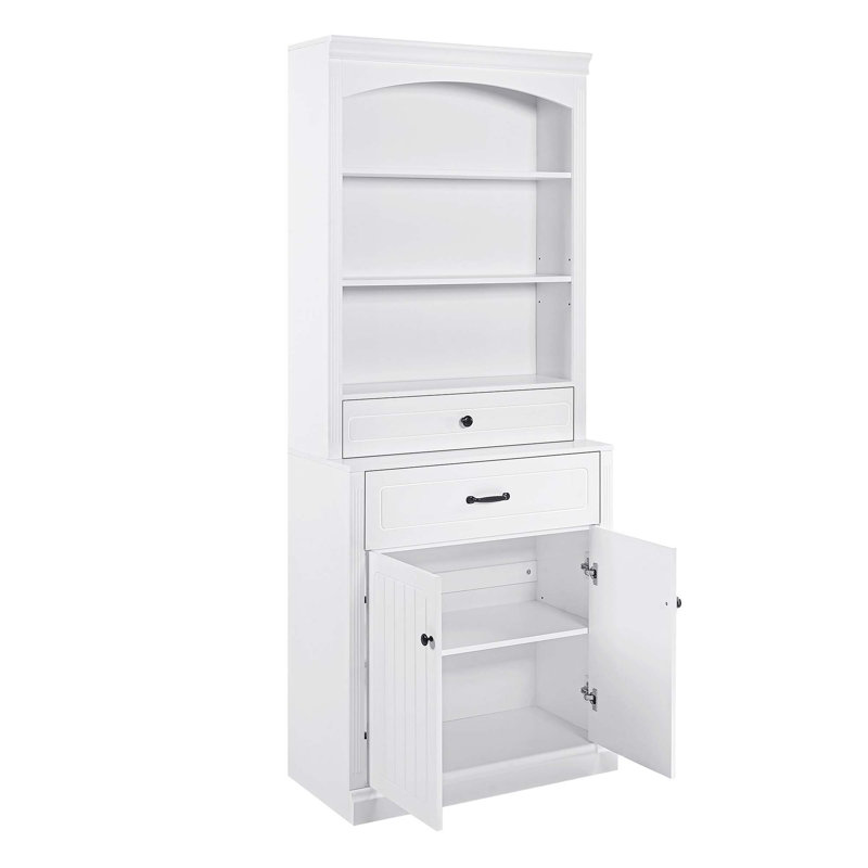 Armoire de rangement blanche avec deux portes, tiroirs, tablette réglable et trois tablettes ouvertes blanches