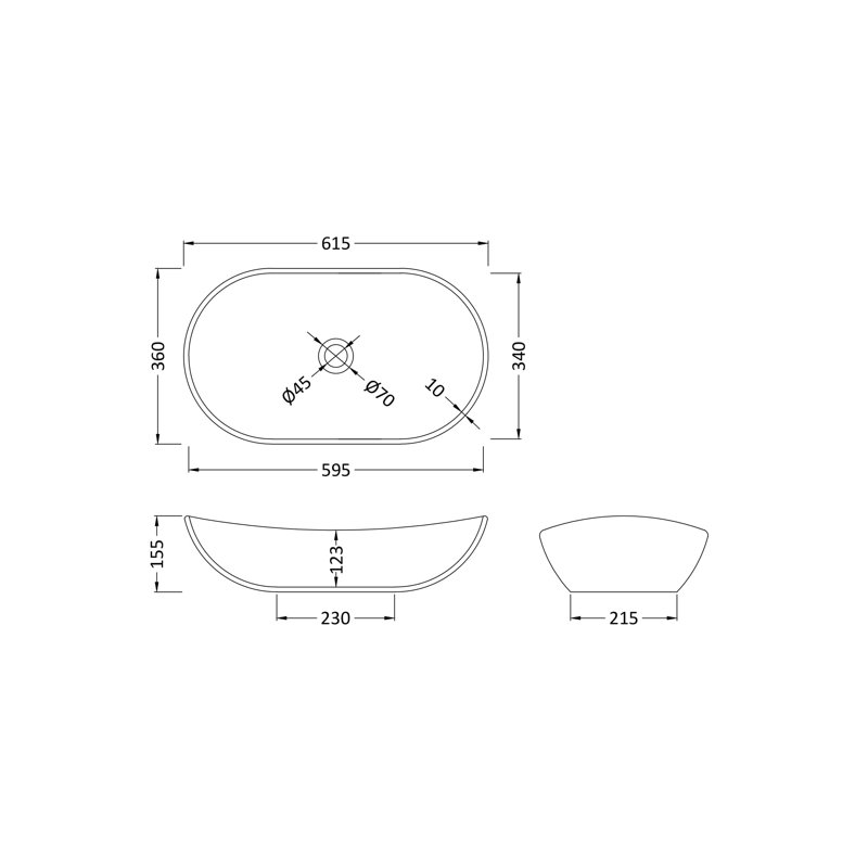 Nuie Vessels 242mm L Vitreous China Oval Countertop Basin Sink, Matte White