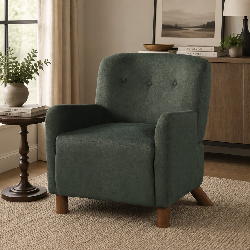 Fauteuil d'appoint moderne capitonné avec pieds en bois d'hévéa, Lin vert