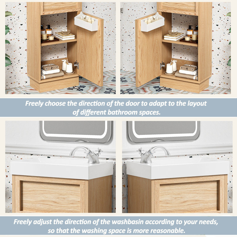 Meuble-lavabo moderne 15,75 po à pousser | Lavabo en résine, tablette réglable et finition grain de bois (petits espaces)