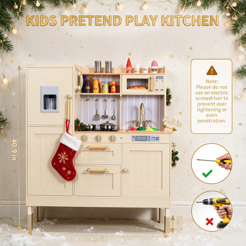 Height Adjustable Kids Play Kitchen, 3-Level Wooden Pretend Playset with Realistic Sounds, Telephone, Stove, Fridge, Microwave, Removable Sink, Water Dispenser, Grows with Your Child Ages 3+(cream)