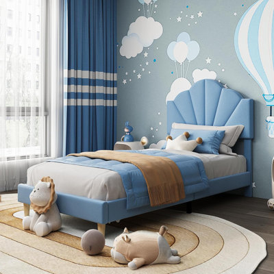 Twin XL Size Blue Velvet Upholstered Platform Bed Frame For Boys Girls With Height Adjustable Headboard Wood Slat Support Easy Assembly No Box Spring Needed