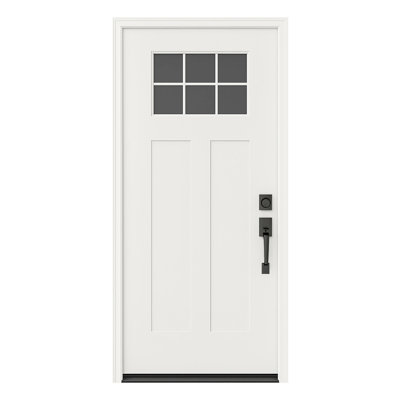 36″ x 80″White‑Primed Fibreglass Entry Door – Craftsman 2‑Panel with 6‑Lite Low‑E Mini‑Blind Glass, Vinyl Frame & Brickmould, Left‑Hand Inswing
