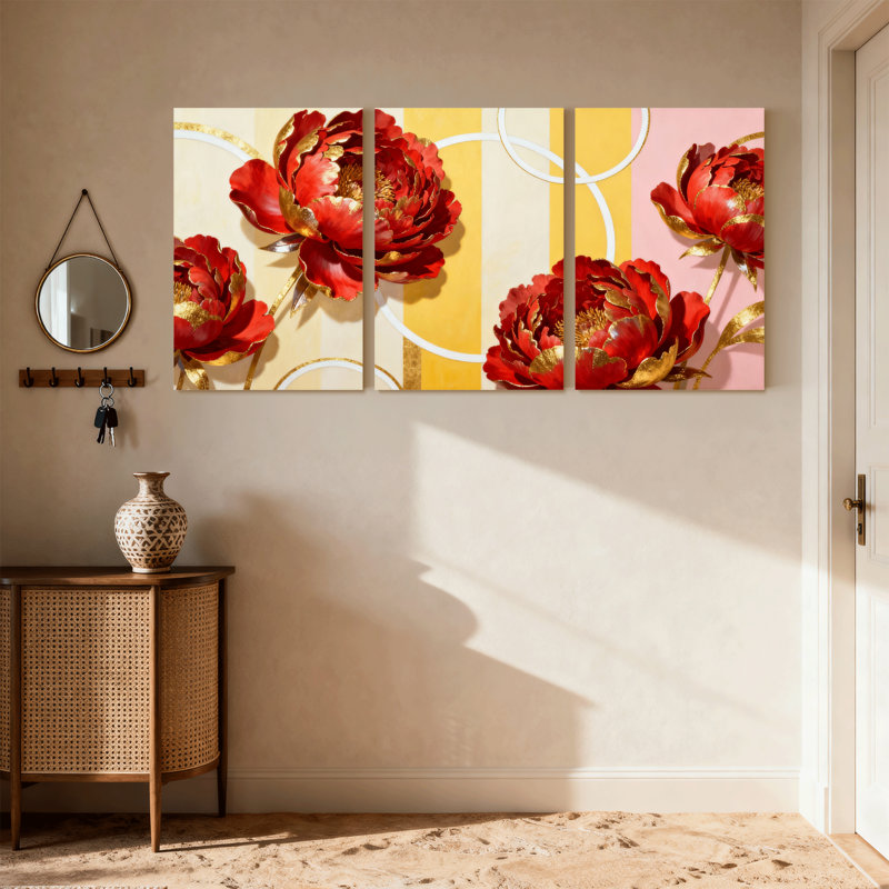 Plantes et fleurs, pivoine rouge et or, ensemble de 3 reproductions d'art sur toile, H 18 po x l 36 po