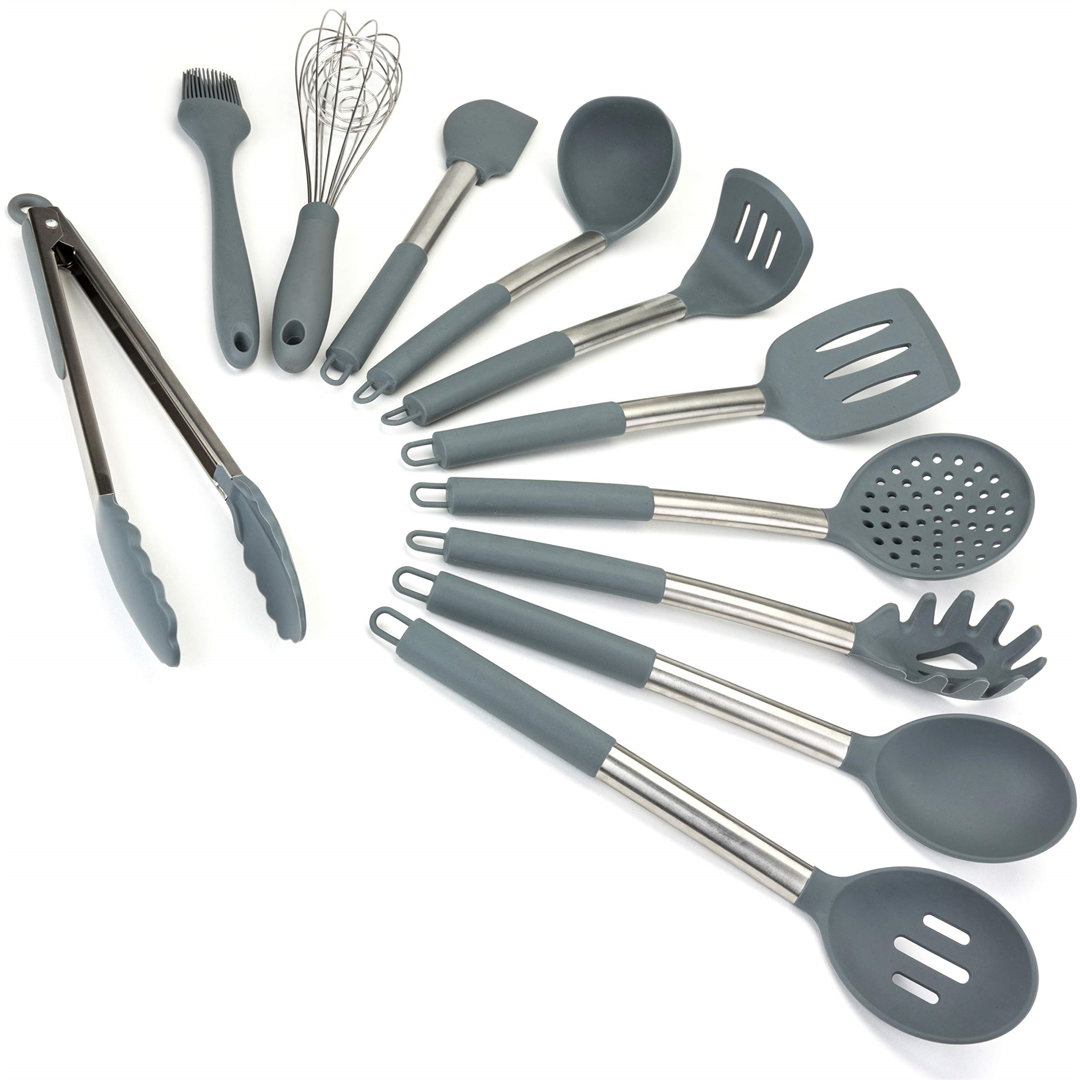 Hochwertiges 11-teiliges Küchenutensilien-Set aus Silikon zum Kochen und Backen in elegantem Grau und gebürstetem Edelst...