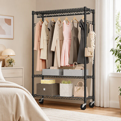 Portant à vêtements roulant robuste, étagère métallique réglable à 3 niveaux, étagère de rangement pour placard avec roulettes, barre de suspension et crochets latéraux, hauteur 192 cm, noir