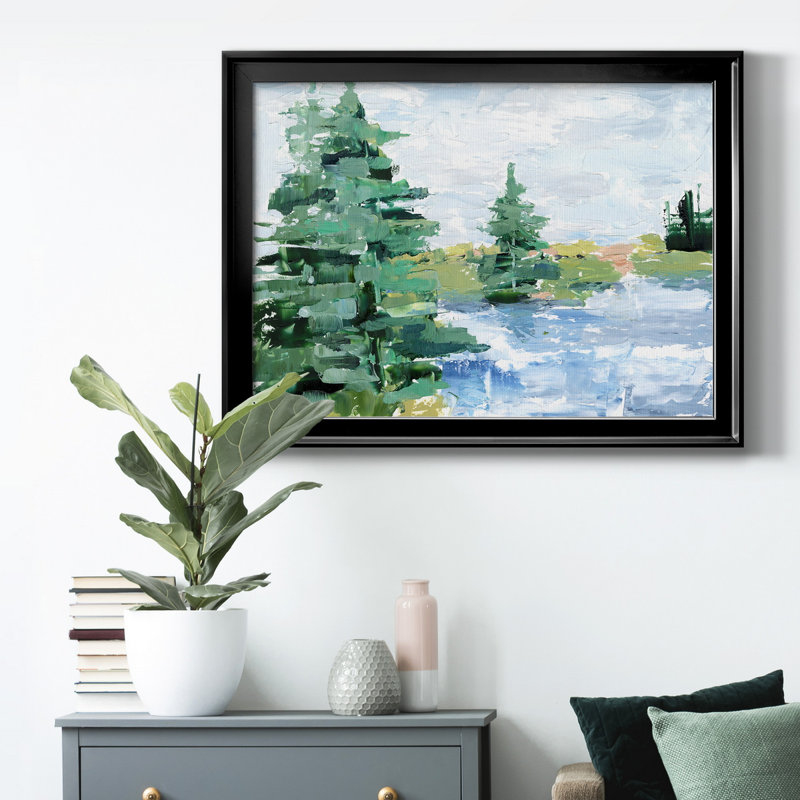 «Evergreen Lake I», peinture sur toile encadrée, Cadre noir, H 18,5 po x l 24,5 po x P 1 po