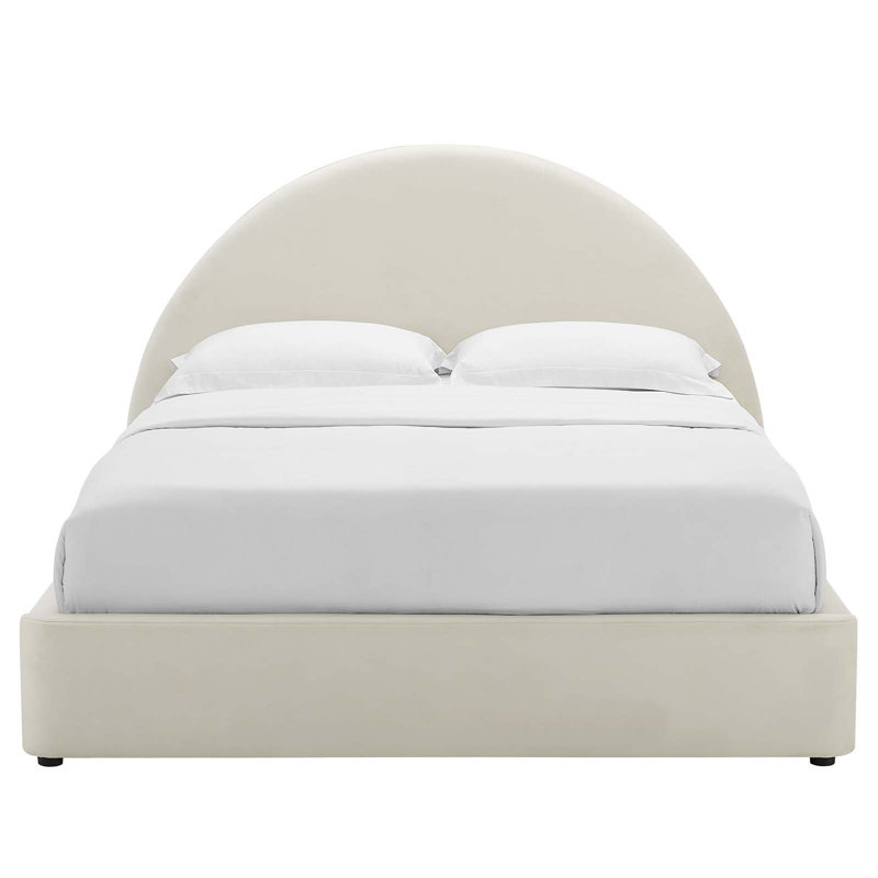 Alabaster Velvet Upholstered Full Platform Bed with Arched Headboard