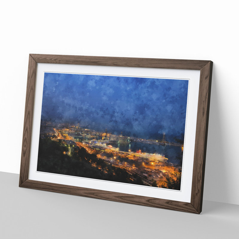 Barcelona Skyline - Picture Frame Painting, Walnut Framed, 36cm H x 48cm W x 2cm D